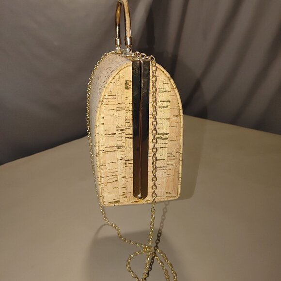 Crossbody Cork Gold Tone Hard Shell Handbag Purse Bag Case Chain Metal Handle - Picture 10 of 12